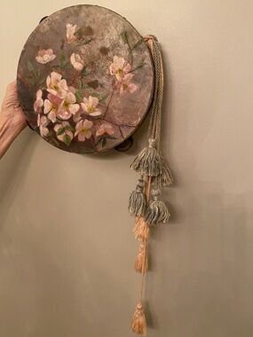 Hand-Painted Antique Tambourine with Pink/ Blue Tassels
